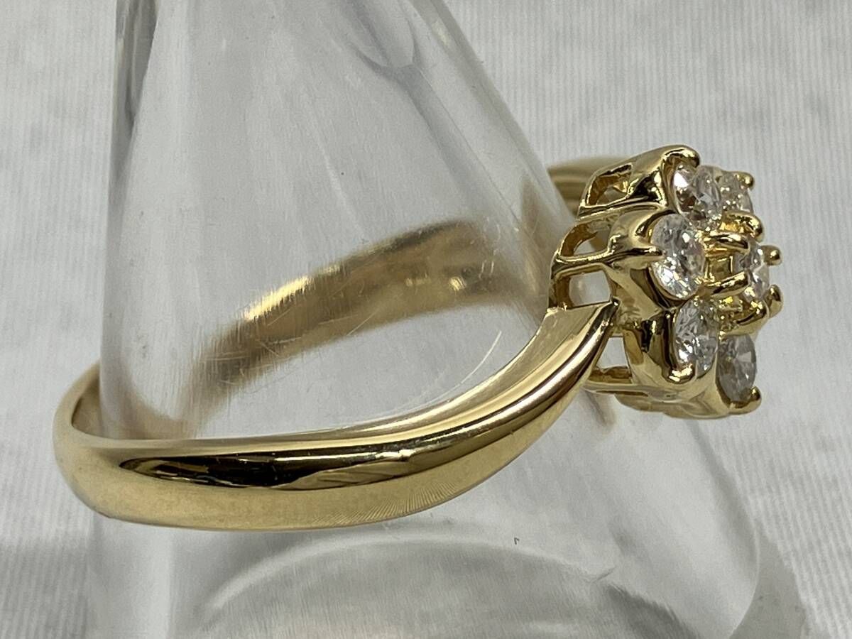K18 天然ダイヤモンド 0.50の刻印あり リング 20号 4.8g ソーティング付 フラワーモチーフ クラスターセッティング ひねり腕