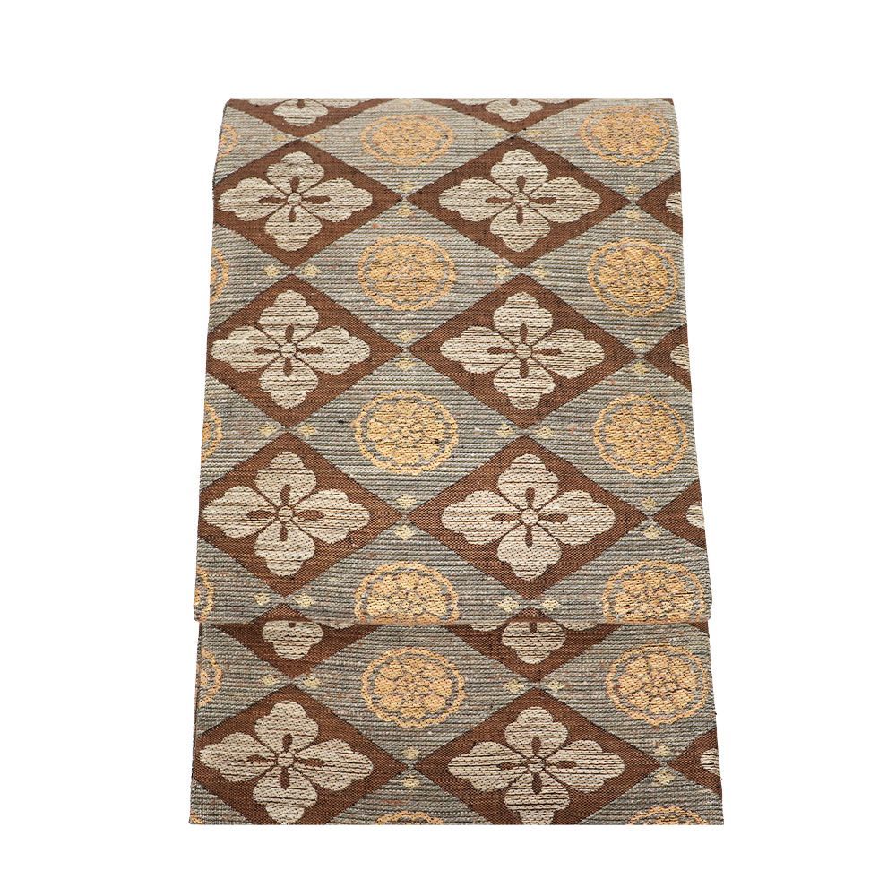 お洒落訪問着用 西陣紬織 袋帯 正絹 グレー緑 赤茶 金 ベージュ 花菱文 花文 Lサイズ F8406 レディース シルク ギフト