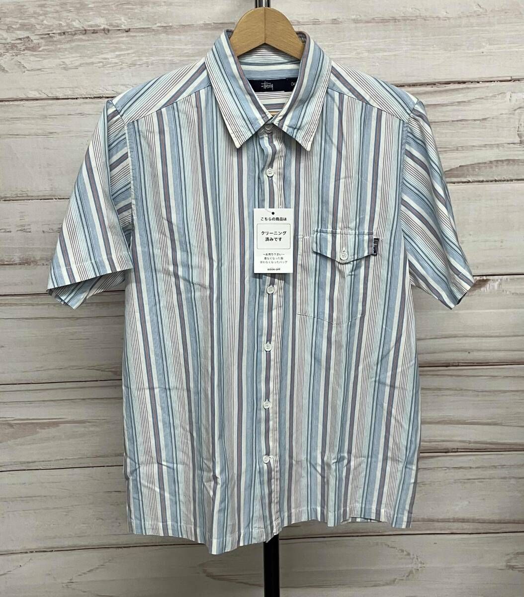 STUSSY ステューシー 半袖シャツ メンズサイズM ブルー系ストライプ柄