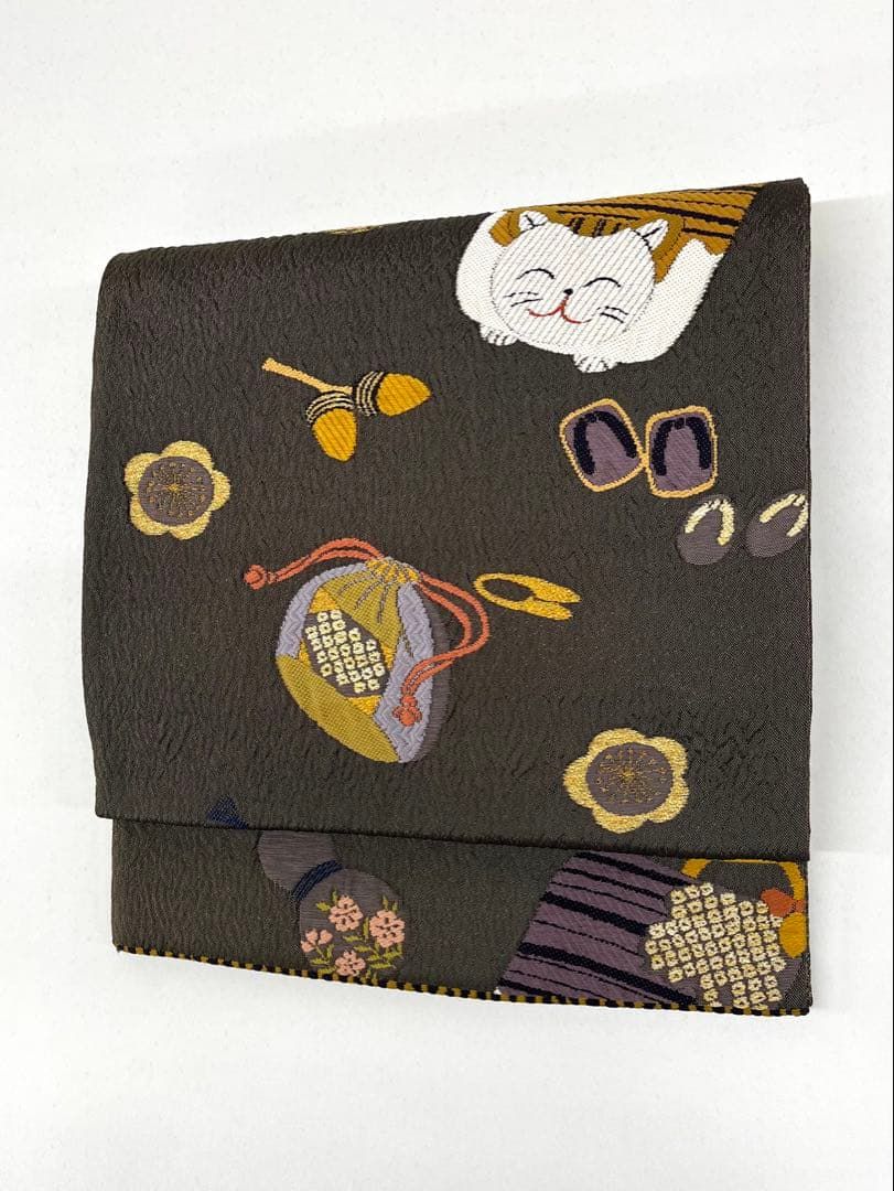 袋帯 猫 巾着 団栗 下駄 瓢箪 正絹 六通 D076