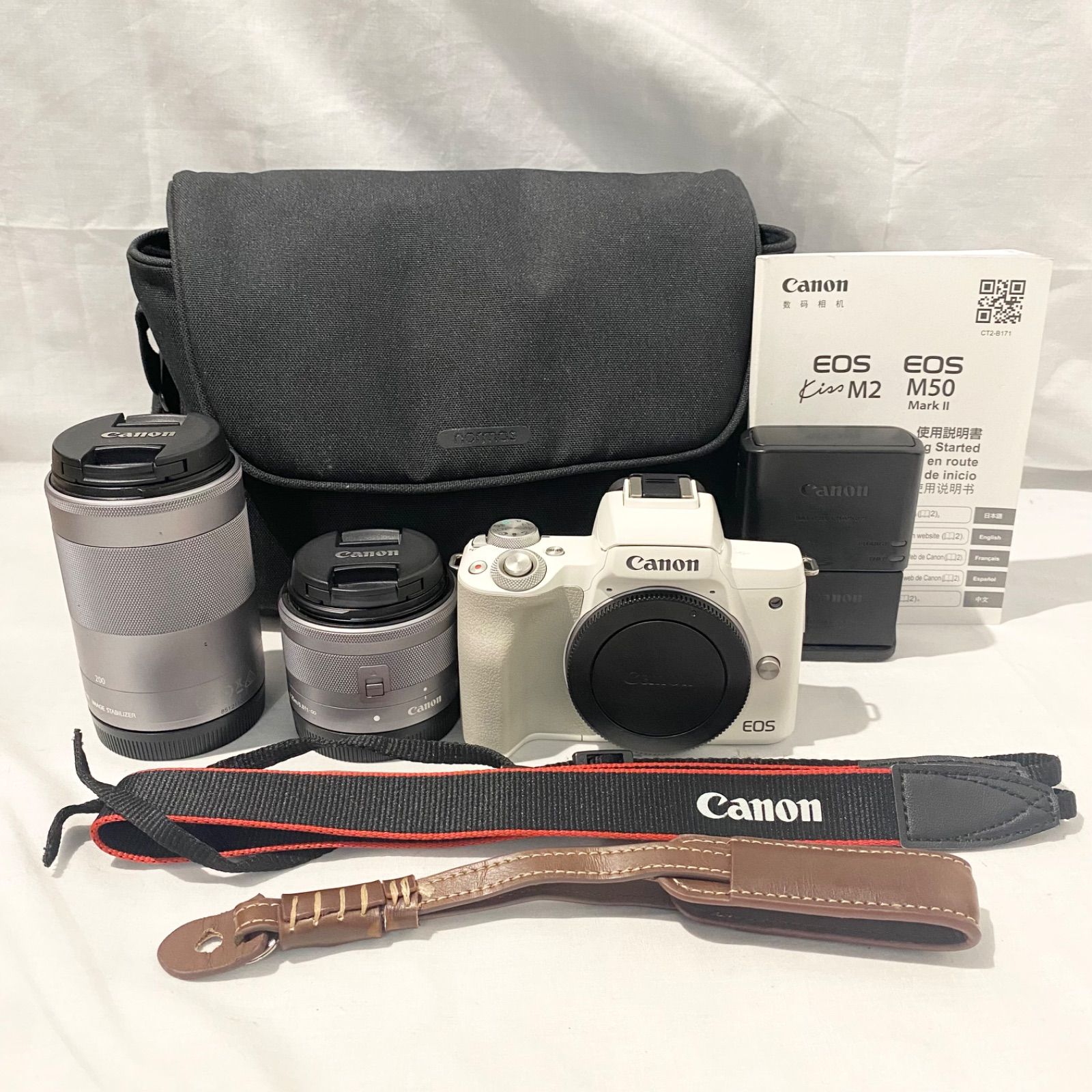 動作 済 Canon キャノン ミラーレス 一眼レフカメラ EOS Kiss M2 イオスキス ホワイト 液晶デジタル 軽量モデル バッグ付 N10251