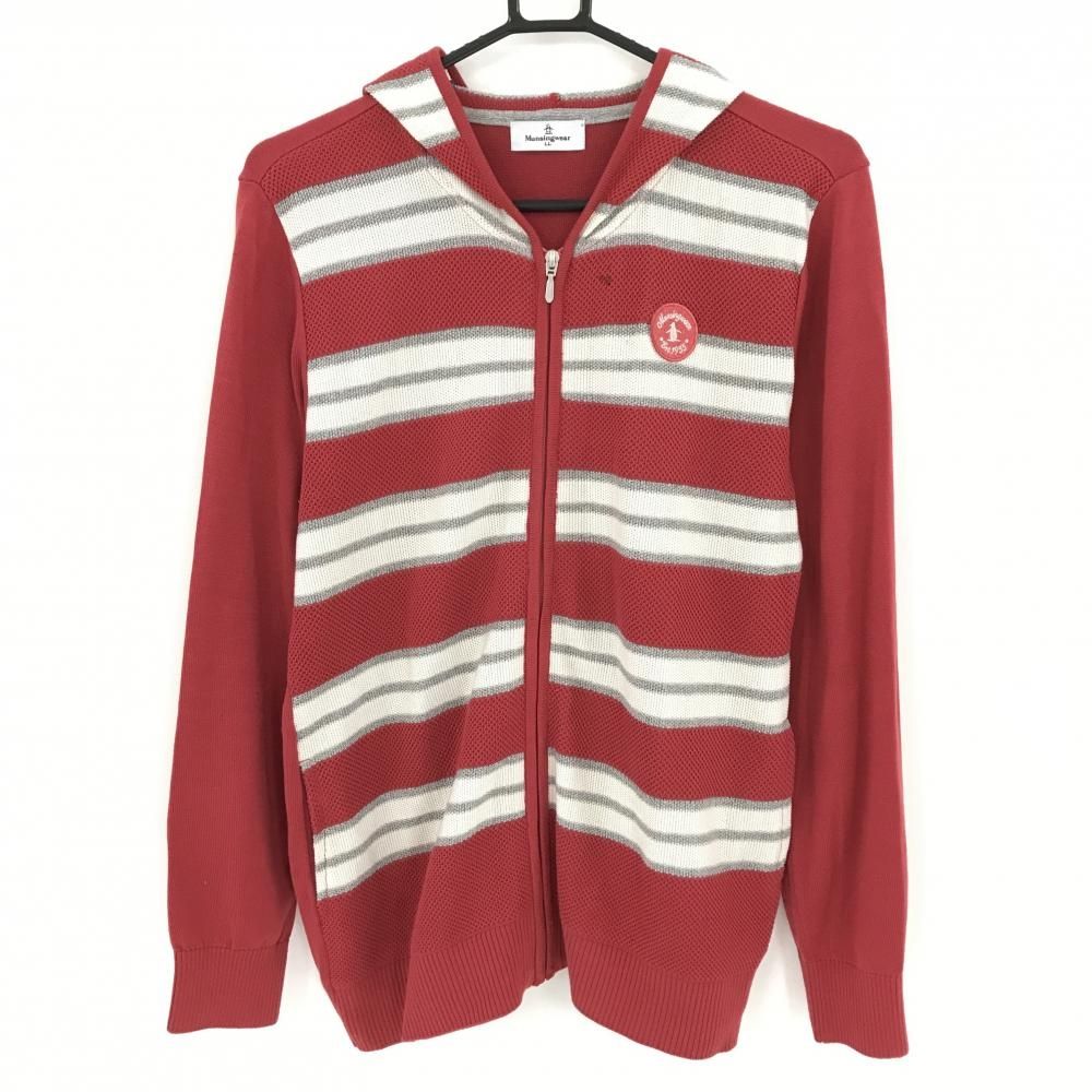 マンシングウェア ニットジップパーカー レッド×白 前身頃ボーダー コットン混  レディース LL ゴルフウェア Munsingwear