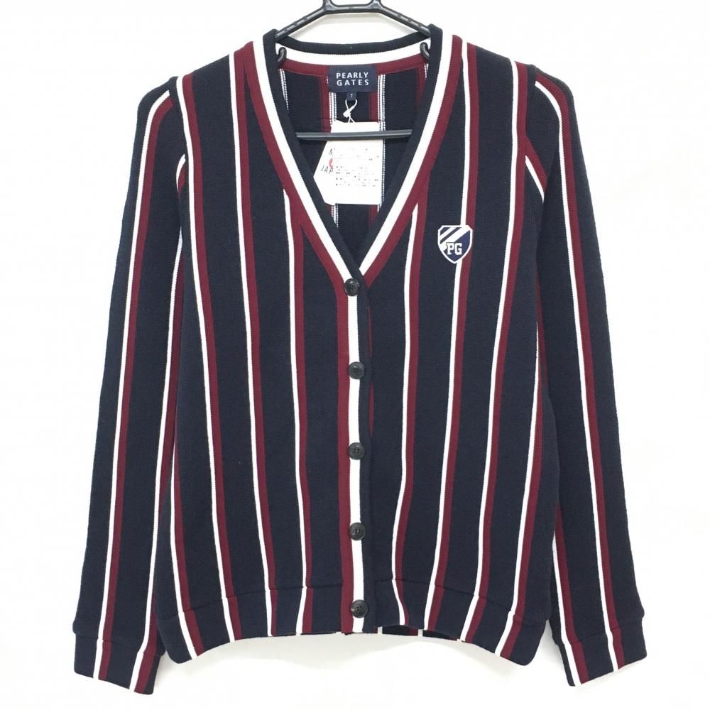 パーリーゲイツ ニットカーディガン ネイビー×ボルドー ストライプ ウール混 レディース 1 M ゴルフウェア PEARLY GATES
