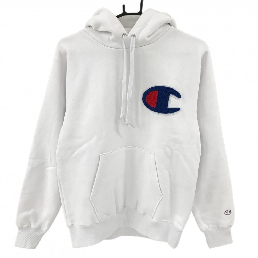 チャンピオン パーカー 白 ブルー 裏起毛 ビッグロゴ スウェット メンズ MEDIUM ゴルフウェア Champion