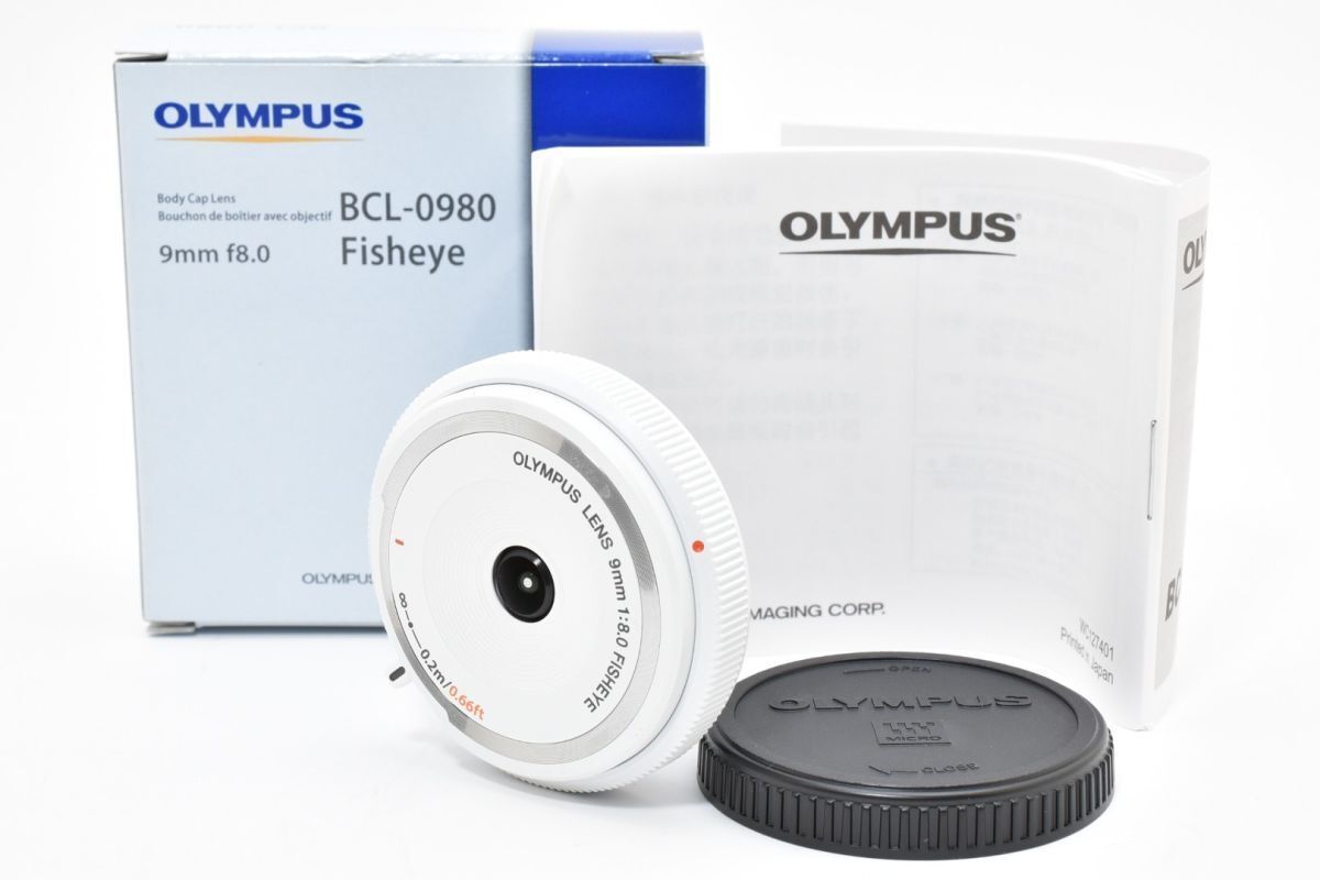上品 OLYMPUS BCL-0980 FISHEYE 9mm F8.0 ホワイト ボディキャップレンズ AYM4866 56