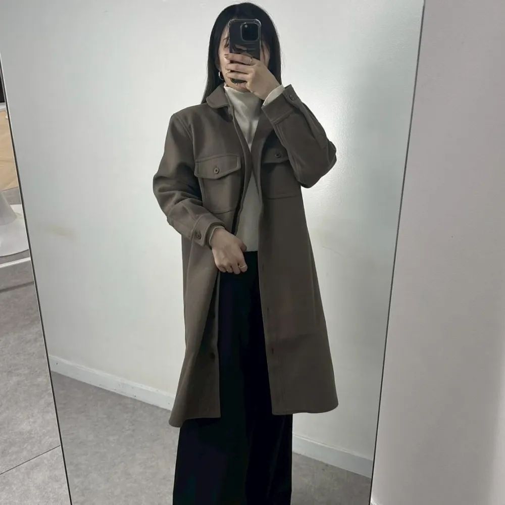 Crocodile ロングコート レディース ブラウン ウール混 シャツコート風 