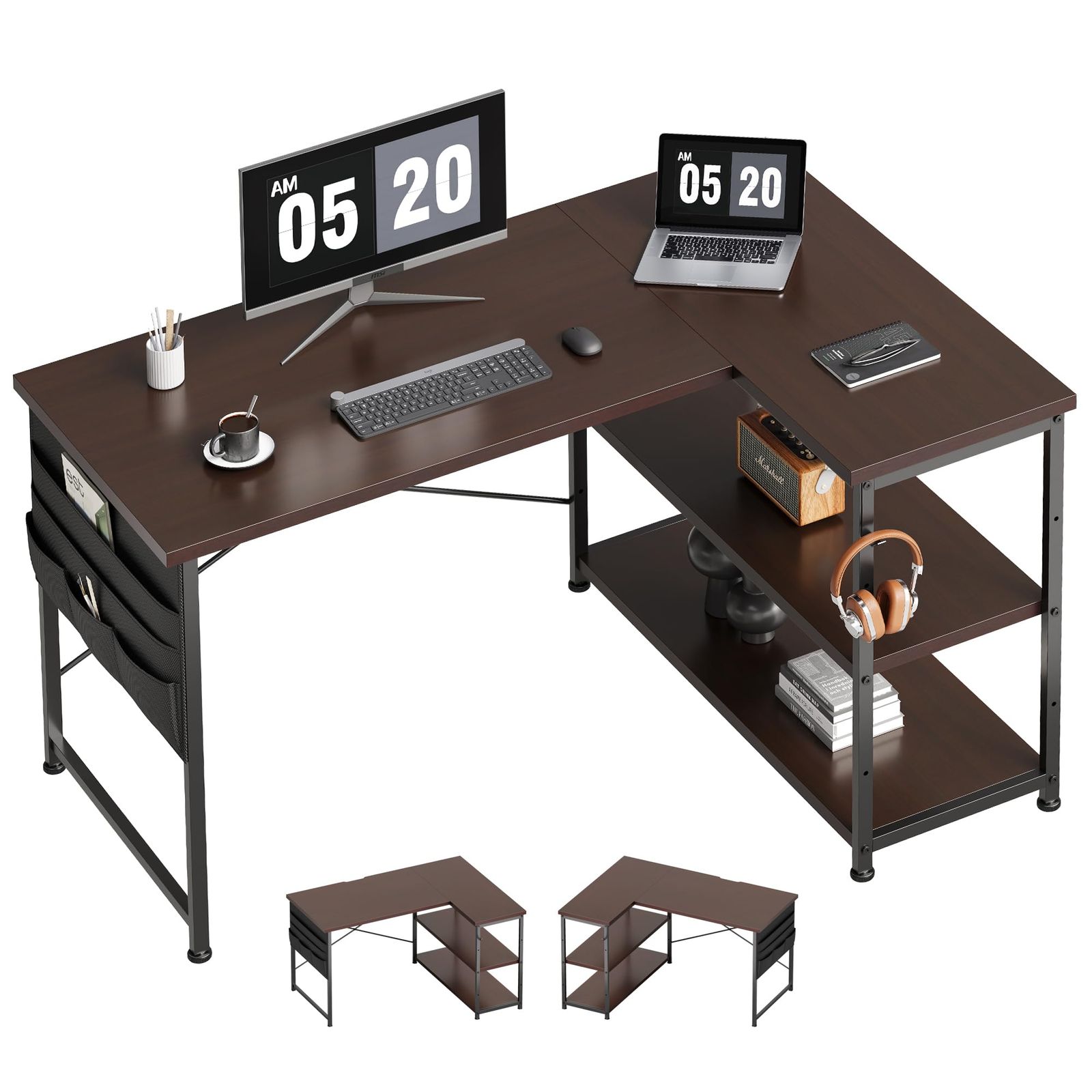 YeTom デスク l字デスク 机 pcデスク右棚左棚 幅107cm 勉強机 子 作業机 学習机 収納袋付き ダークブラウン