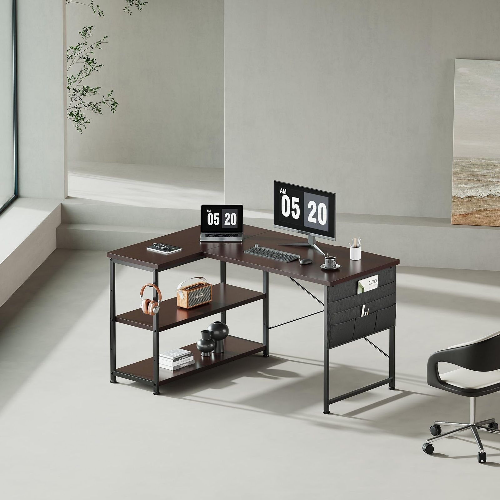 YeTom デスク l字デスク 机 pcデスク右棚左棚 幅107cm 勉強机 子 作業机 学習机 収納袋付き ダークブラウン