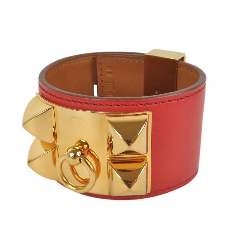 HERMES エルメス コリエドシアン ピラミッドモチーフ スタッズ 幅広バングルブレスレット レザー サイズS R刻印 サンギーヌ レッド フランス製 rk10294