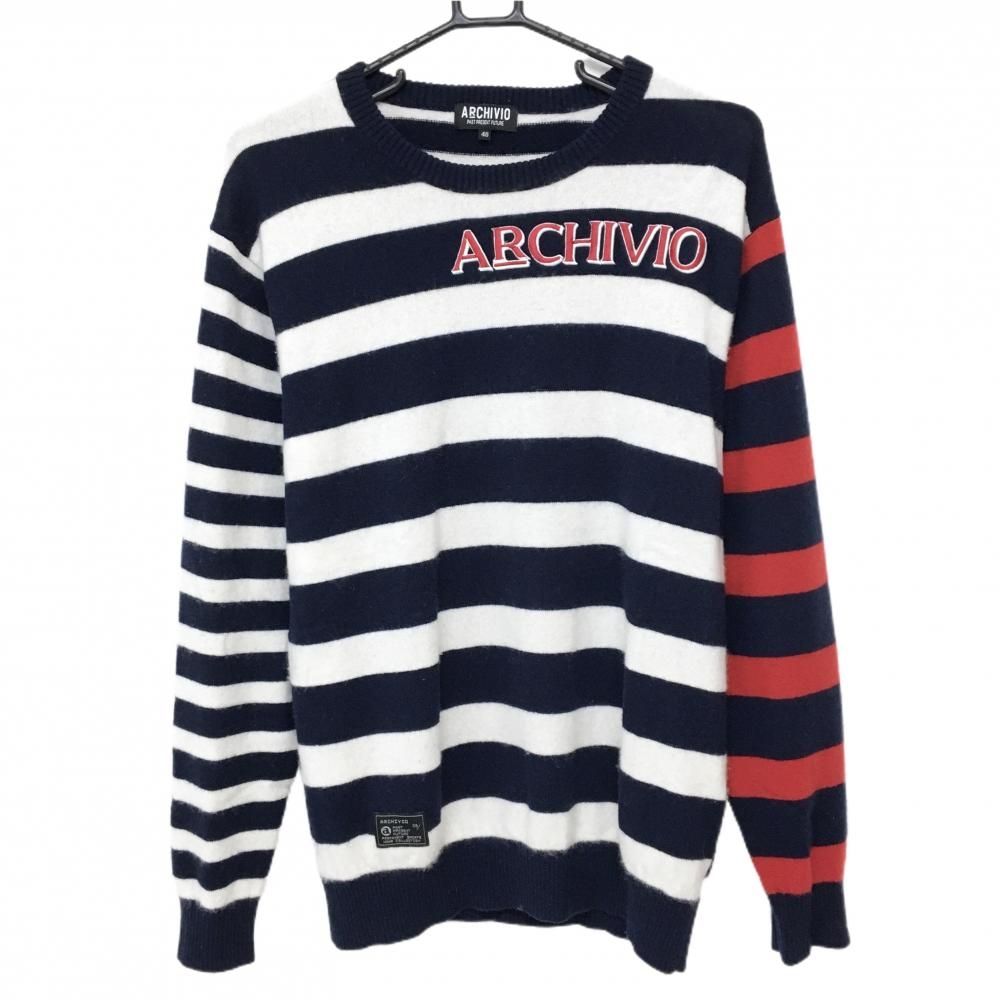 アルチビオ セーター ネイビー 白 レッド ボーダー カシミヤ100％ ニット メンズ 48 L ゴルフウェア archivio