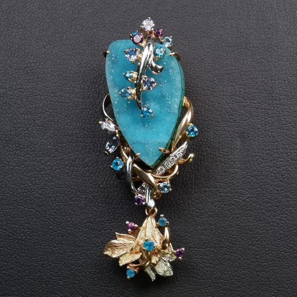 藤平卓 クリソコラ ダイヤモンド0.04ct ペンダント ブローチ -X10832