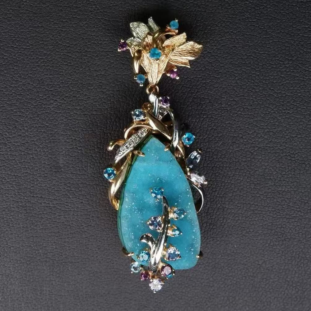 藤平卓 クリソコラ ダイヤモンド0.04ct ペンダント ブローチ -X10832