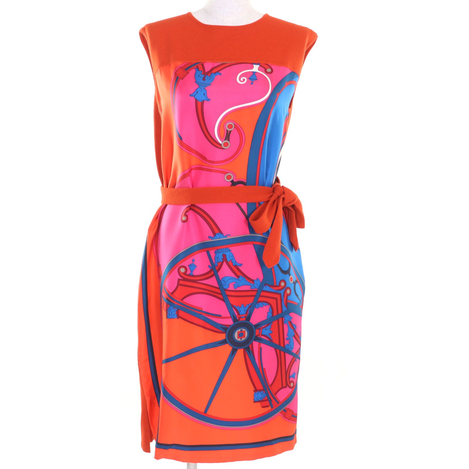 HERMES エルメス ウール100％ シルク切替 ツイルレーヌ 総柄 ベルト付き ノースリーブ ワンピース オレンジ マルチ 36 イタリア製 レディース