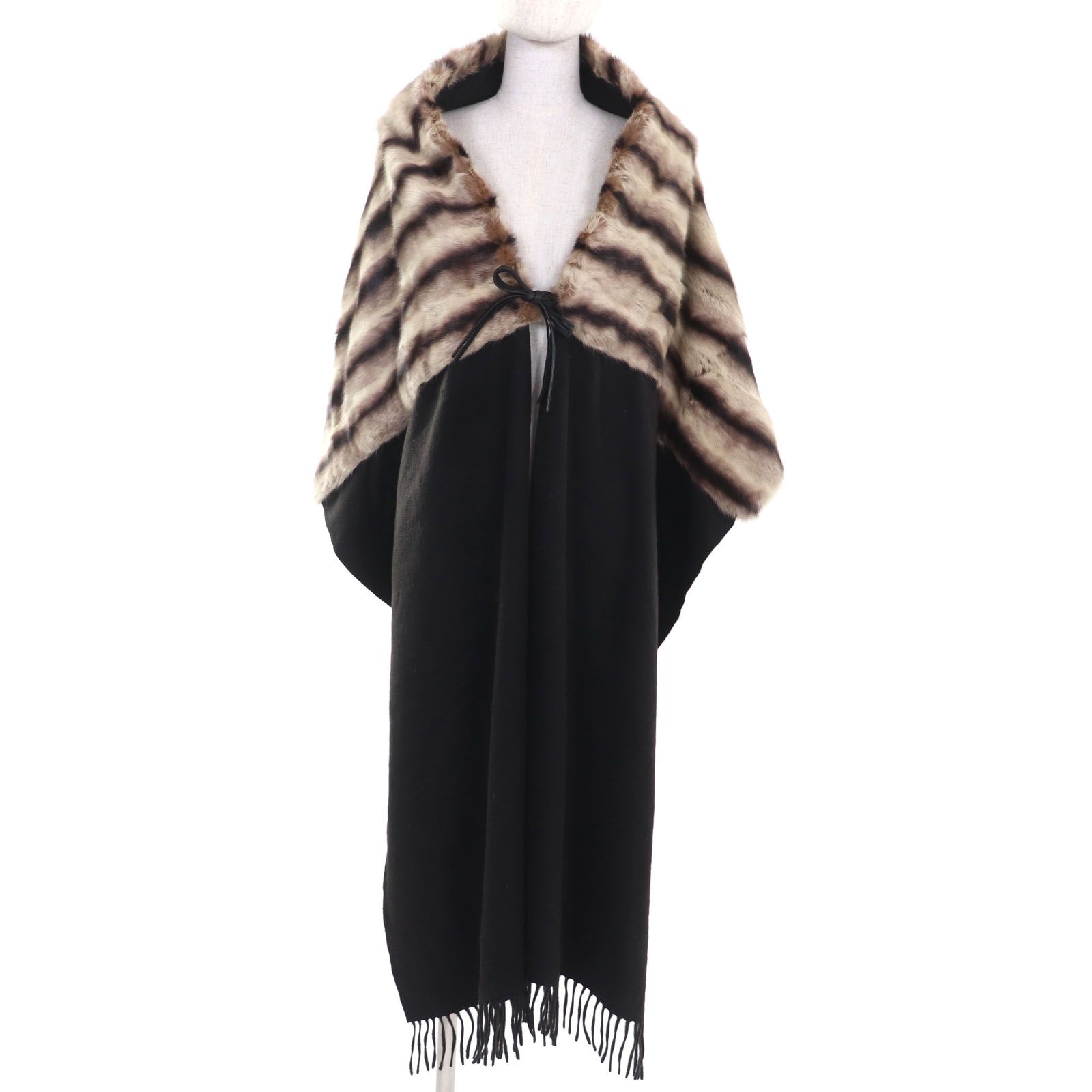 FENDI フェンディ カシミヤ100％ オリラグファー フリンジ付き 大判キャンディストール マフラー ダークブラウン イタリア製 レディース