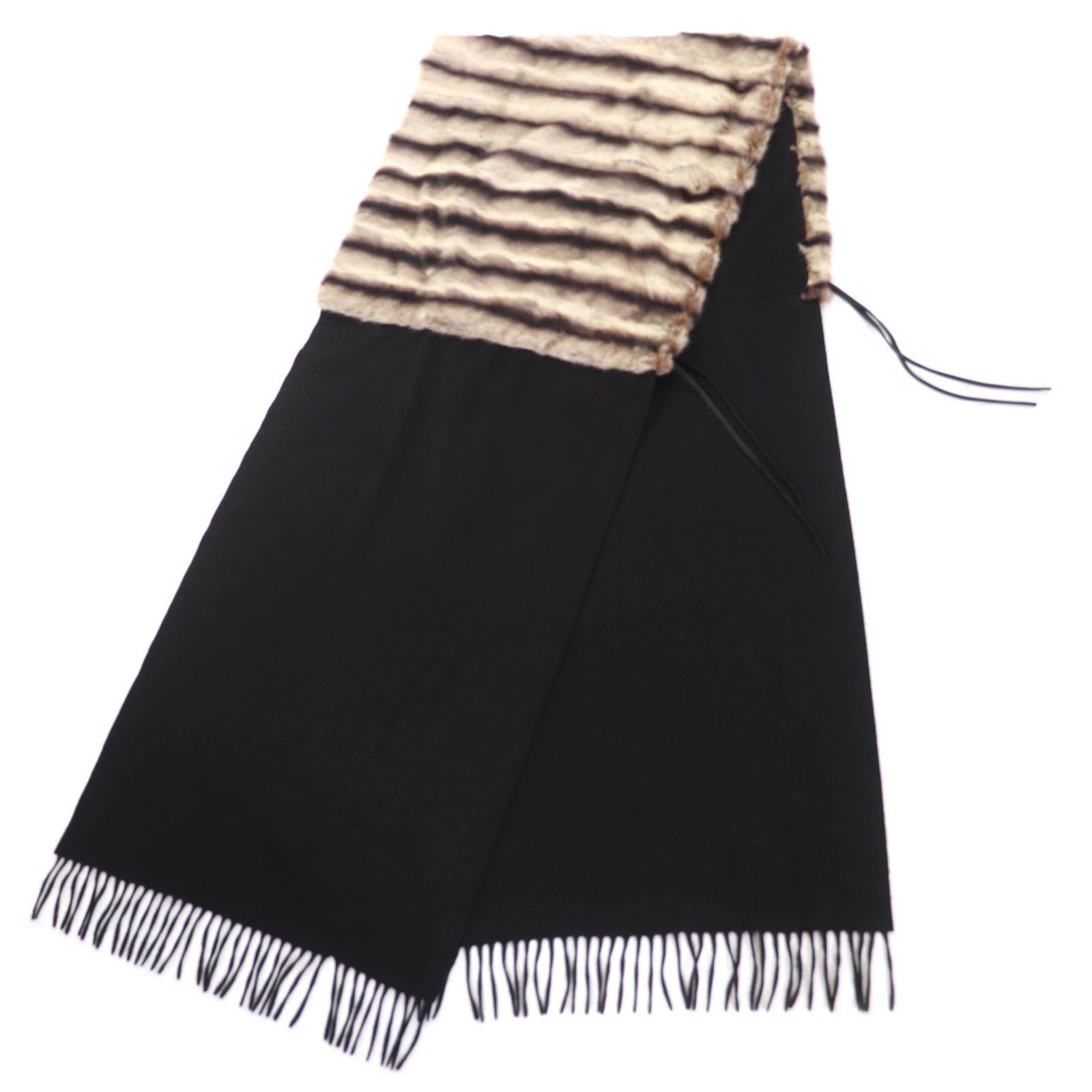 FENDI フェンディ カシミヤ100% オリラグファー フリンジ付き 大判キャンディストール マフラー ダークブラウン イタリア製 レディース