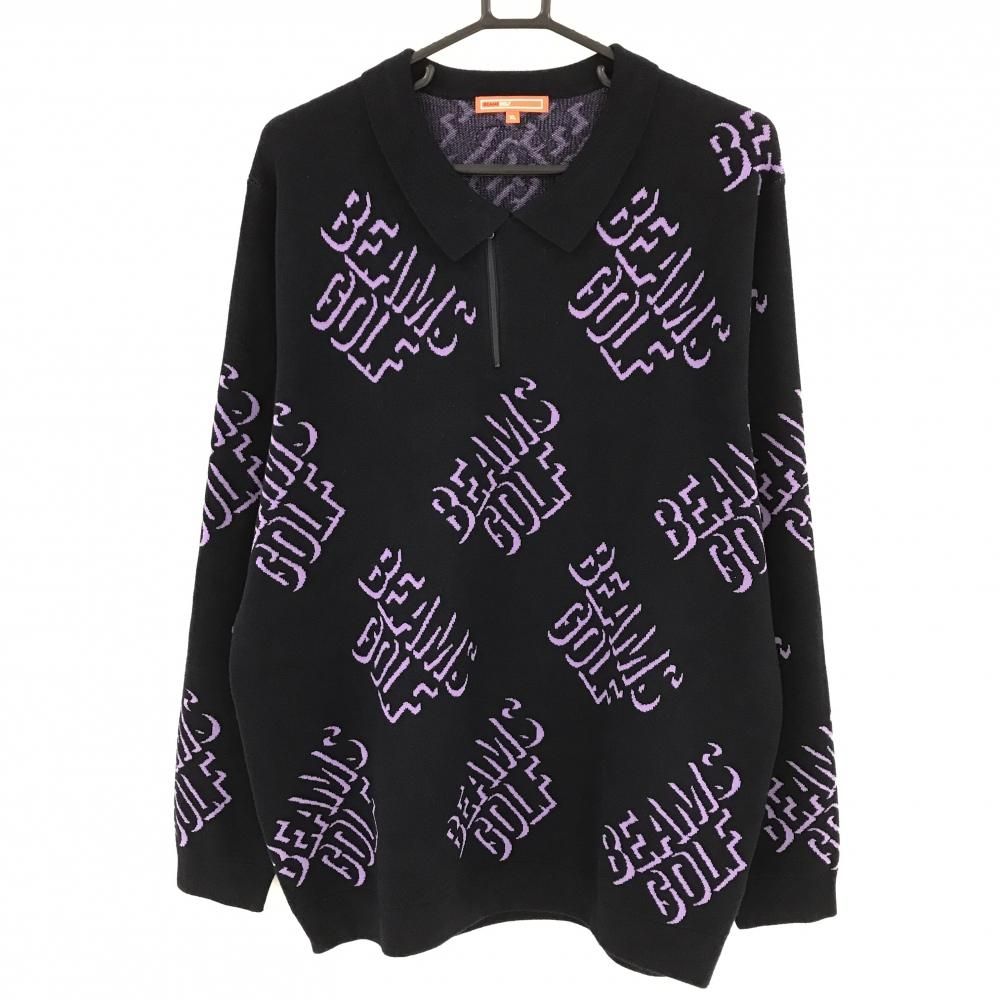 超 ビームスゴルフ 襟付セーター ネイビー×パープル ロゴ総柄 ハーフジップ メンズ XL ゴルフウェア モデル BEAMS GOLF