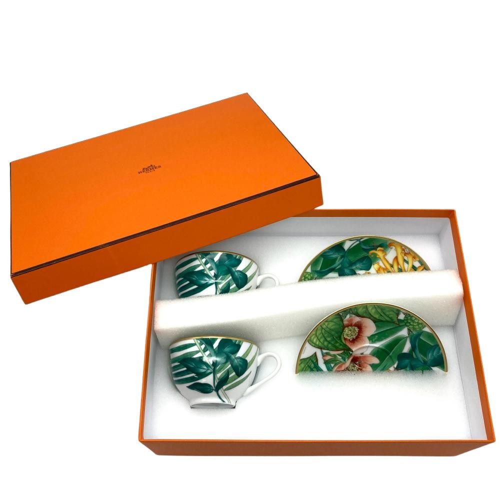 エルメス HERMES パシフォリア カップアンドソーサー 2客セット ティーカップ 陶磁器 グリーン ホワイト テーブルウェア