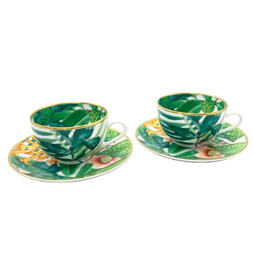 エルメス HERMES パシフォリア カップアンドソーサー 2客セット ティーカップ 陶磁器 グリーン ホワイト テーブルウェア