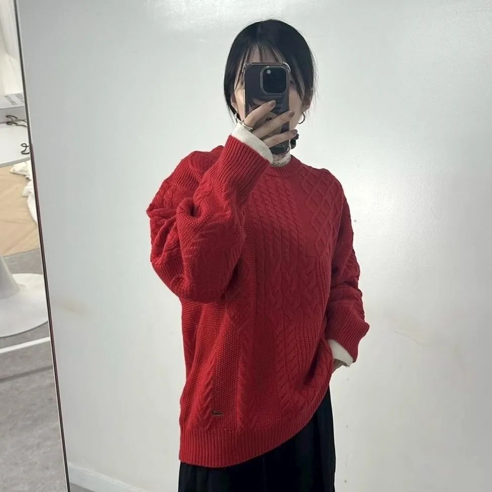 Crocodile】ニットセーター 赤 Lサイズ ケーブル編み クルーネック