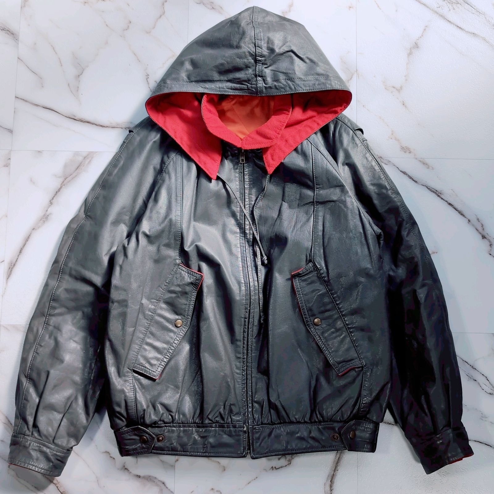 80 90s HOODED LEATHER JACKET 内側キルティング グレー M