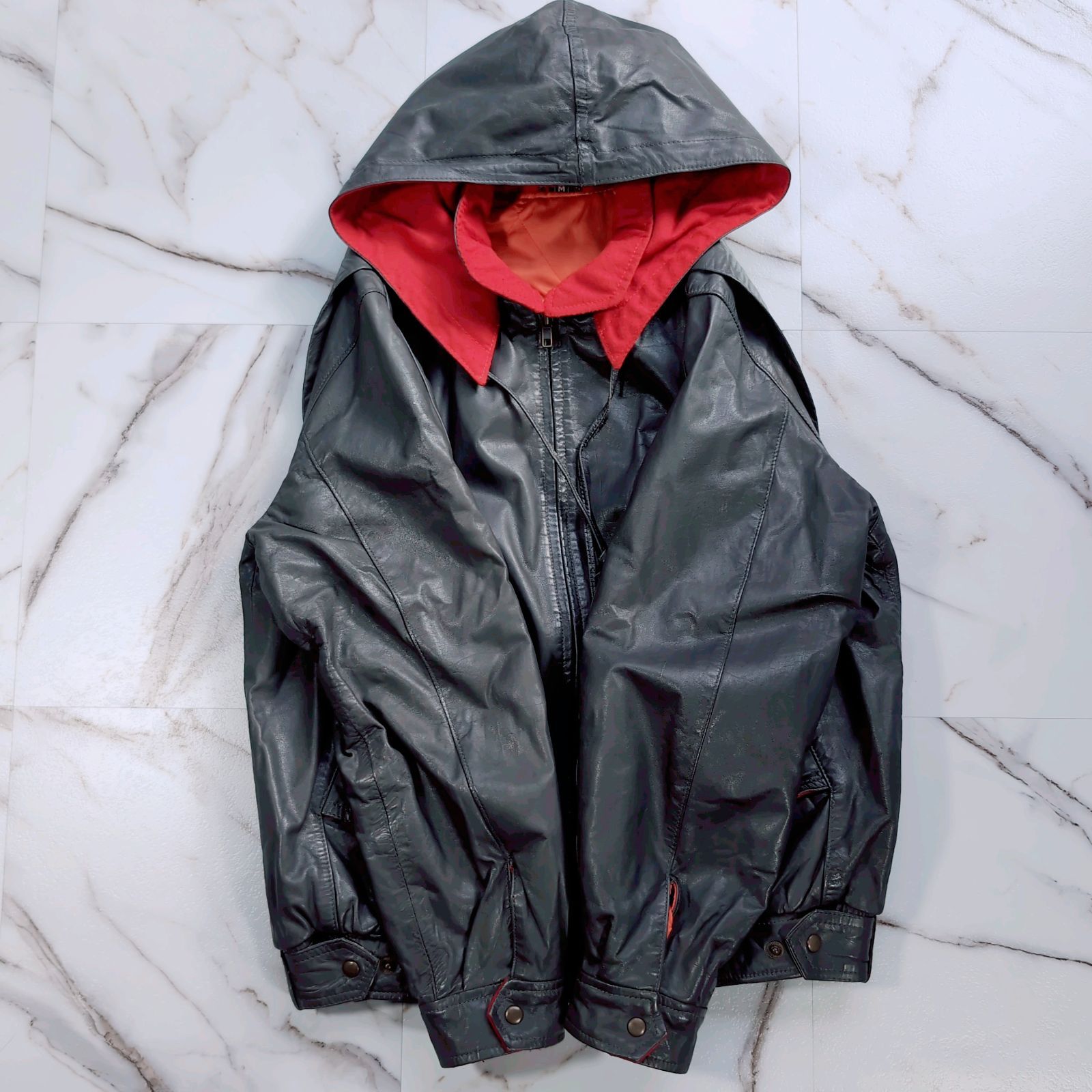 80 90s HOODED LEATHER JACKET 内側キルティング グレー M