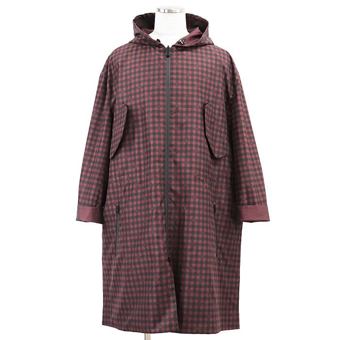 FENDI フェンディ コート リバーシブル ナイロン 製 FF ロゴ ズッカ柄 ハウンドトゥース 千鳥格子柄 フーデッド レインコート レインウェア ロング アウター ボタン付属 メンズ 48 ダークレッド ブラック 赤 黒 イタリア製