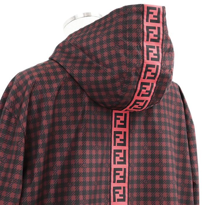 FENDI フェンディ コート リバーシブル ナイロン 製 FF ロゴ ズッカ柄 ハウンドトゥース 千鳥格子柄 フーデッド レインコート レインウェア ロング アウター ボタン付属 メンズ 48 ダークレッド ブラック 赤 黒 イタリア製 KANDAIZUMI_COM