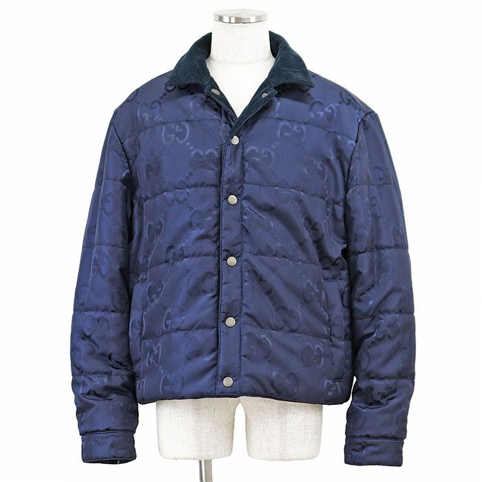 GUCCI グッチ ジャケット パテッド リバーシブル コーデュロイ ジャンボGG ロゴ モノグラム インターロッキング レザーパッチ ポリエステルジャガード 中綿 ジージャン トラッカー コットン ハンガー付 メンズ 52 ネイビー 紺 イタリア製