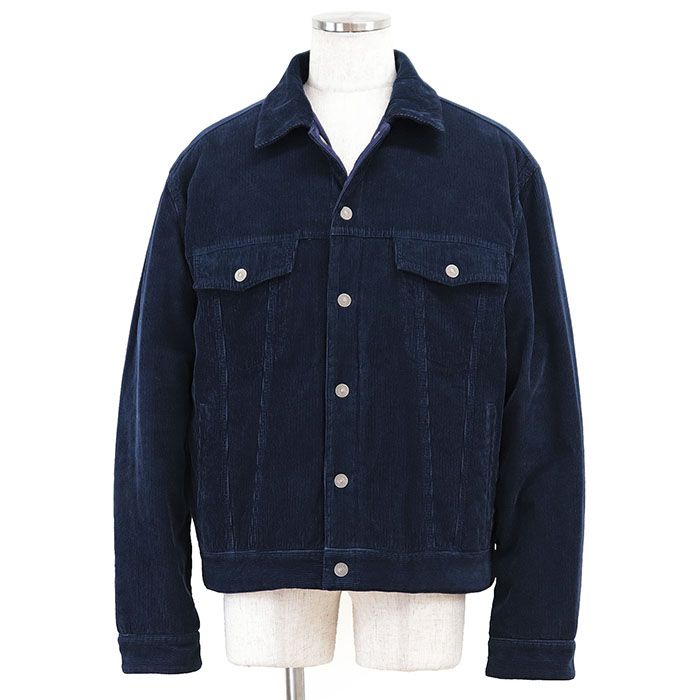 GUCCI グッチ ジャケット パテッド リバーシブル コーデュロイ ジャンボGG ロゴ モノグラム インターロッキング レザーパッチ ポリエステルジャガード 中綿 ジージャン トラッカー コットン ハンガー付 メンズ 52 ネイビー 紺 イタリア製