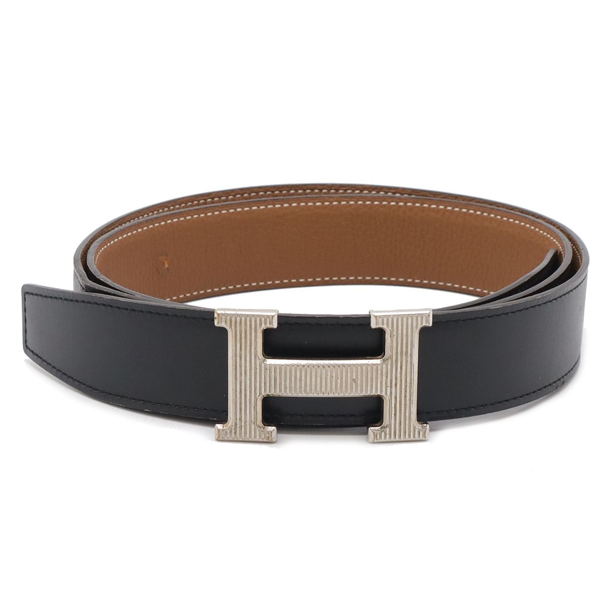 HERMES エルメス Hストリエ Hベルト リバーシブル レザー ブラック 黒 