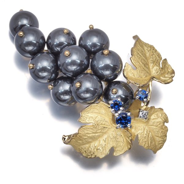 石川暢子 ブローチ兼ペンダントトップ ヘマタイト サファイア ダイヤ ダイヤモンド 葡萄 K18YG Pt900 178292