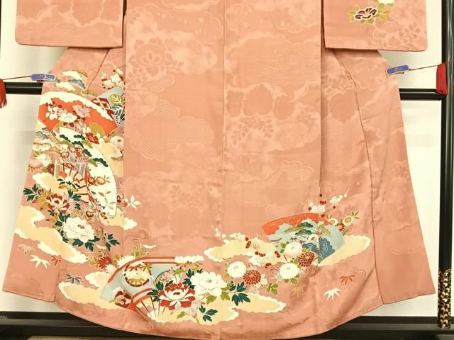 平和屋着物○アンティーク 大正ロマン 訪問着 駒刺繍 扇草花文 金糸 金彩