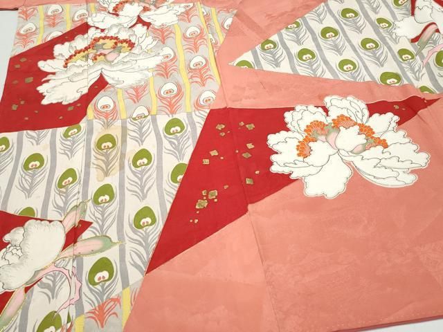 平和屋着物○アンティーク 大正ロマン 駒刺繍 孔雀羽牡丹文 金彩 正絹