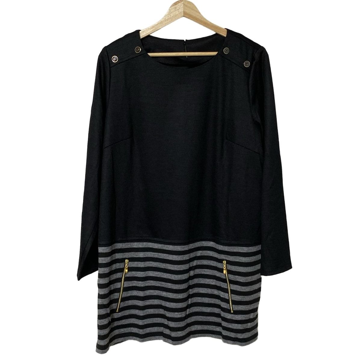 Leilian レリアン ワンピース サイズ17 XL レディース - 黒×グレー クルーネック 長袖 ひざ丈 ボーダー