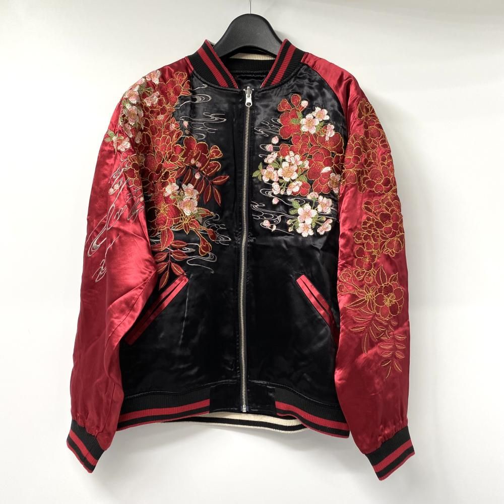 絡操魂 粋 荒波×座頭鯨×桜 リバーシブルスカジャン レッド ブラック サイズM からくりだましい 17