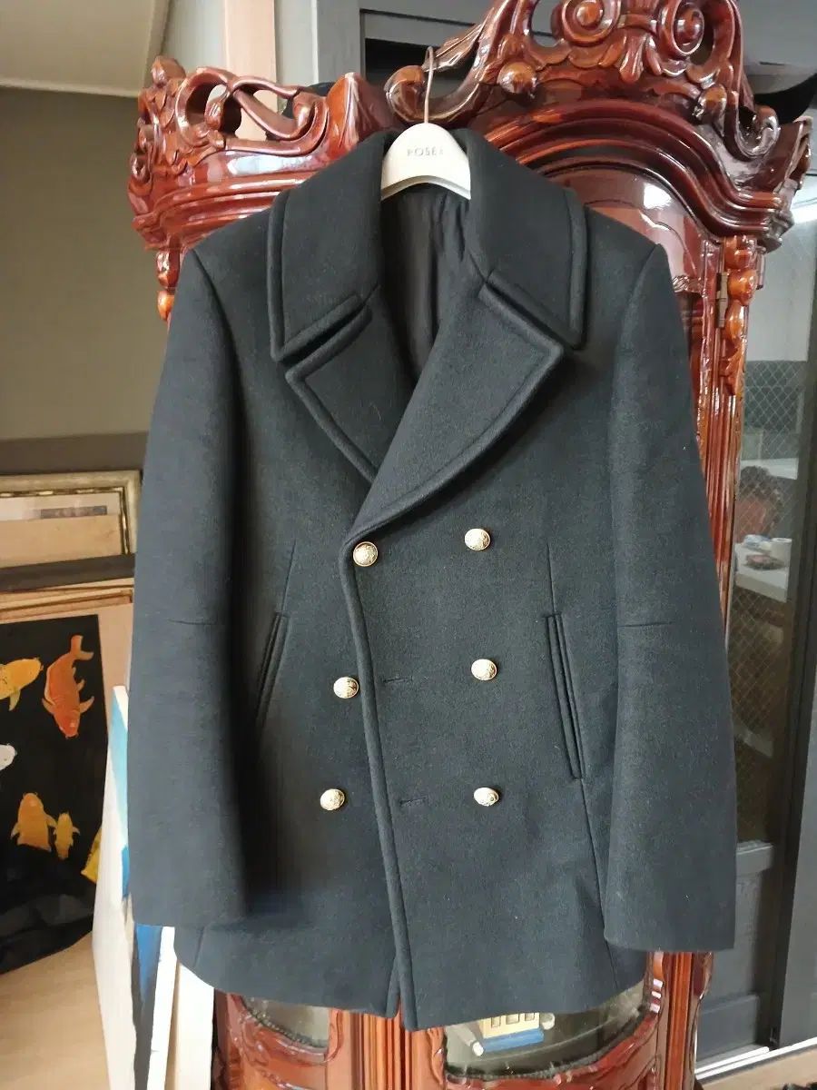 タイムオム クロ ブラック ダブルボタン ピーコート スタイル ジャケット