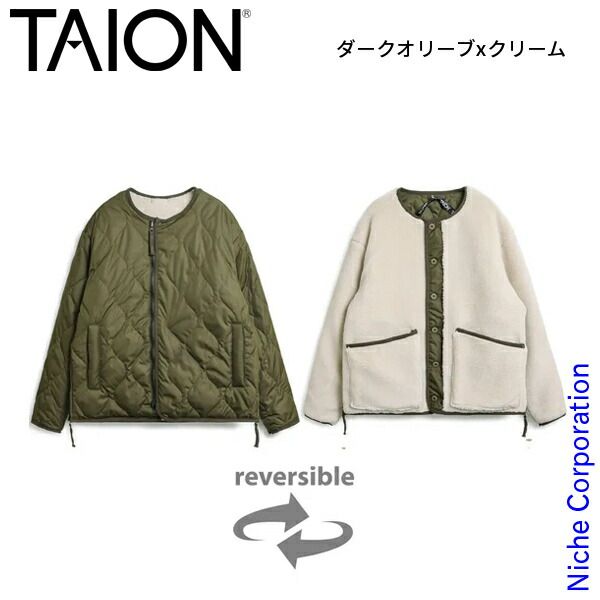 タイオン ミリタリー リバーシブル クルーネック ダウンジャケット TAION-R104BML-1 DOLCM ダークオリーブxクリーム S