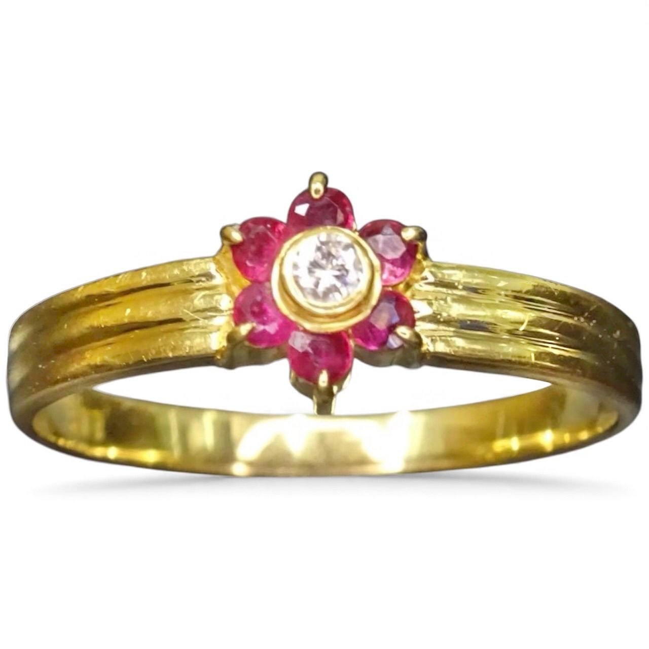 18金 K18 ゴールド GOLD 750 天然ルビー6粒 天然ダイヤモンド1粒 フラワーデザイン リング 指輪 約10号半 ジュエリー 宝石 貴金属 ジュエリーショッププライス Shops