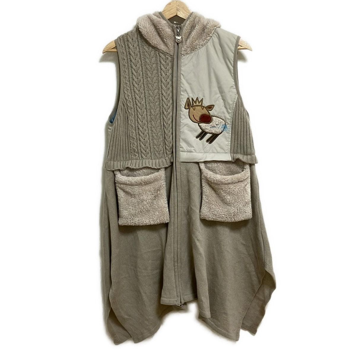 アルベロベロ オレボレブラ ベスト レディース - ベージュ×ブラウン×マルチ ニット ジップアップ ロング丈 フード付き