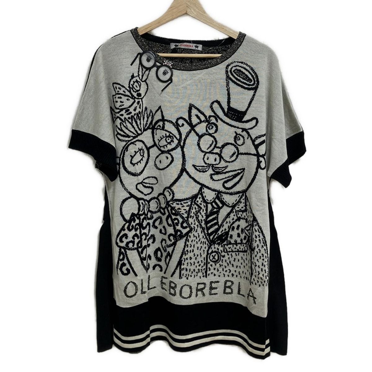 ALBEROBELLO OLLEBOREBLA アルベロベロ オレボレブラ チュニック レディース - 黒×アイボリー×マルチ 半袖 ラメ ブタ