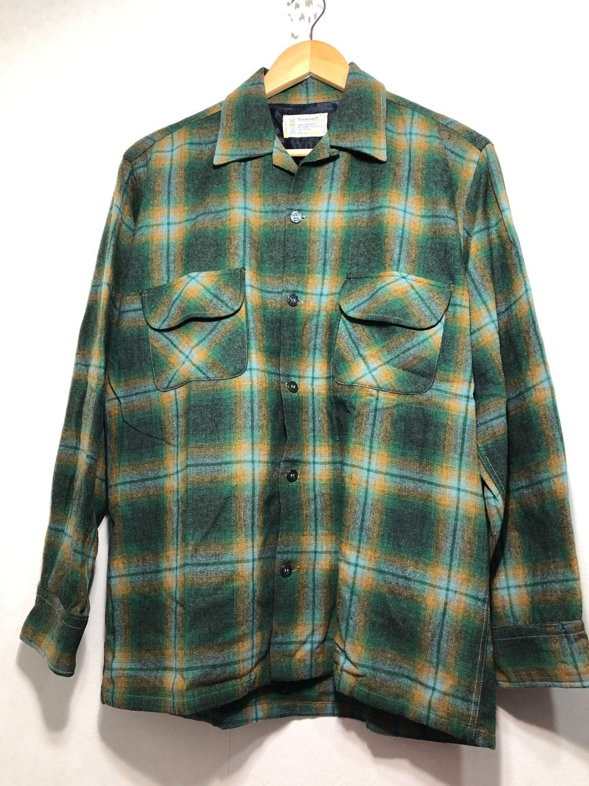 031150 TOWNCRAFT Plus Penneys 長袖 チェック シャツ M グリーン オレンジ タウンクラフト ペニーズ penney s