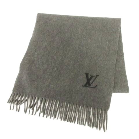 ルイヴィトン LOUIS VUITTON カシミヤ マフラー イタリア製 ワンポイント ロゴ フリンジ グレー