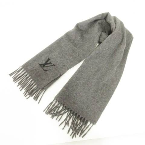 ルイヴィトン LOUIS VUITTON カシミヤ マフラー イタリア製 ワンポイント ロゴ フリンジ グレー