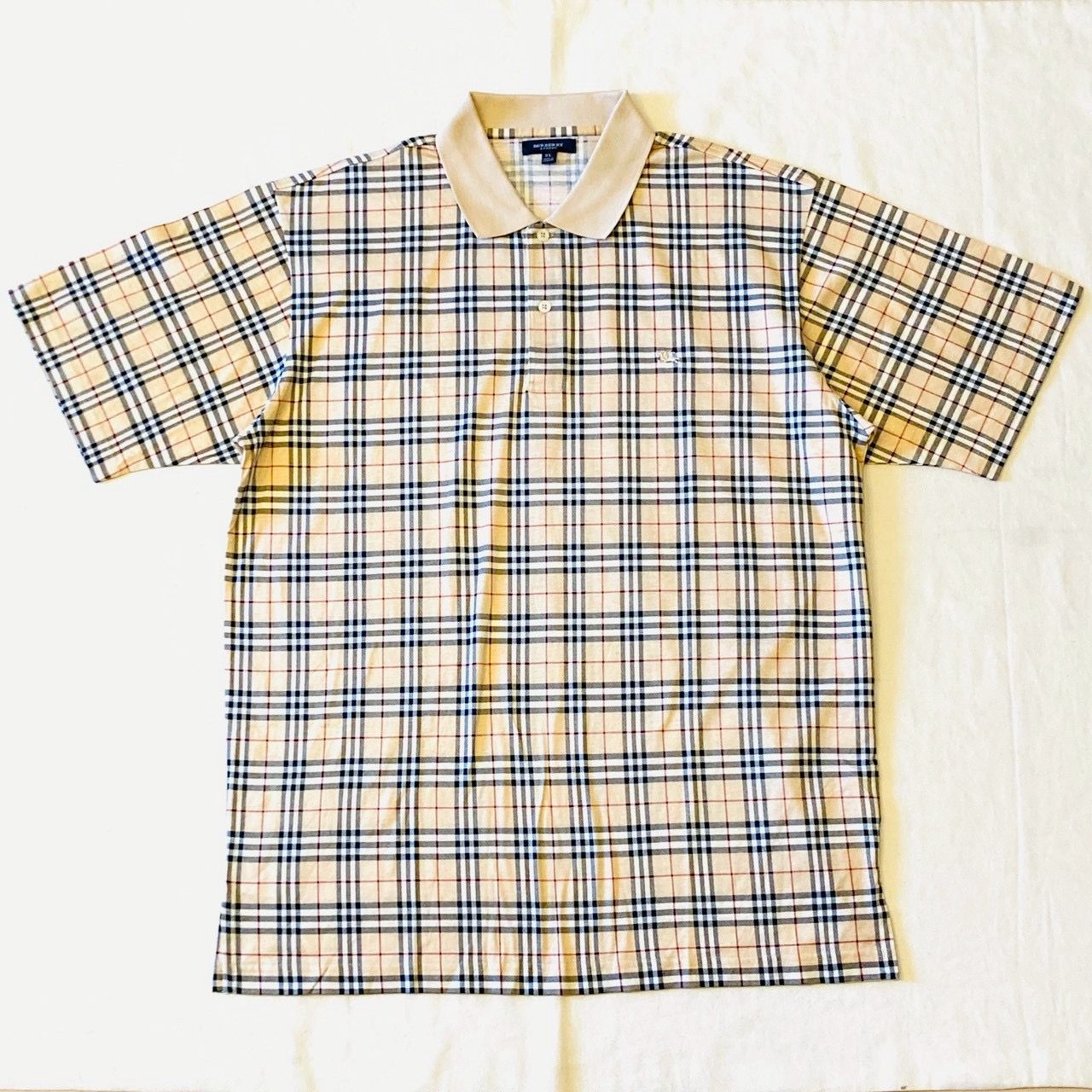 BURBERRY LONDON バーバリー ロゴ 金刺繍 ショートスリーブ 半袖 ポロシャツ ノバチェック ベージュ系 XL HKK-064-02