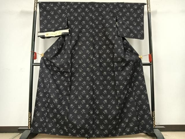 平和屋着物 結城紬 単衣 草花文 証紙付き 正絹 AABC3884fy