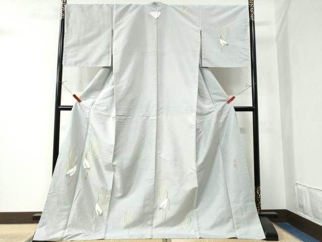 平和屋着物 京加賀友禅 百貫達雄 訪問着 紬地 鶴松葉文 正絹 CAAZ3201yc