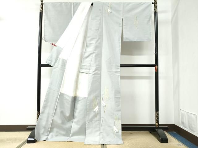 平和屋着物 京加賀友禅 百貫達雄 訪問着 紬地 鶴松葉文 正絹 CAAZ3201yc