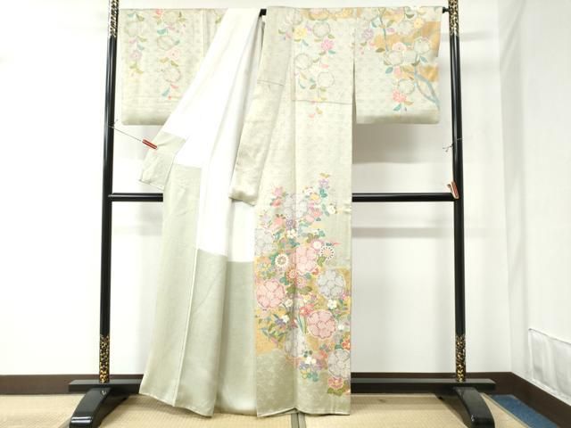 平和屋着物 訪問着 作家物 駒刺繍 絞り 草花文 金彩 正絹 CAAZ3204yc