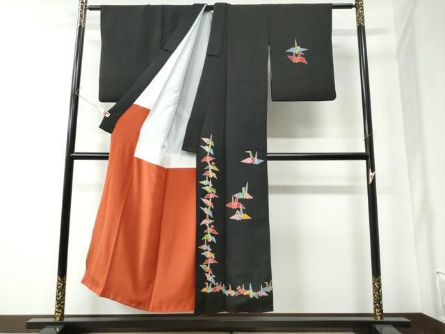 平和屋着物 訪問着 型染め 折り鶴 黒地 正絹 CAAZ3239yc