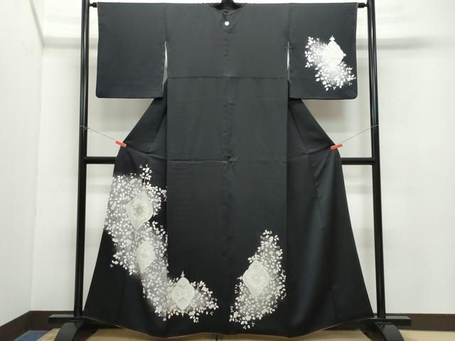 平和屋着物 訪問着 吉祥花文 たたき染め 黒地 金彩 正絹 CAAZ8114vf